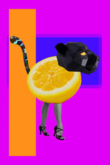 Composite image montage trend artwork 3D collage of lemon citrus half slice leopard animal head...