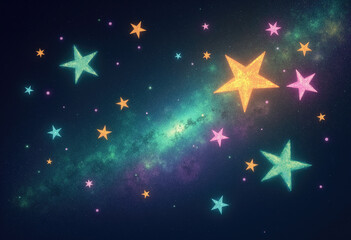 A whimsical night sky illustration with colorful, textured stars twinkling against a dreamy green and purple nebula, creating a magical celestial scene.
