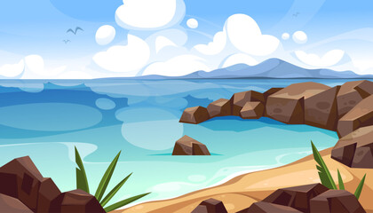 Sea or ocean landscape background. Vector rocky beach with waves and horizon, sky and cloud. Tranquil summer coastal scene. Shore for travel and vacation poster. Marine and nautical, nature seaside.
