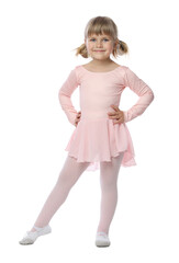 Cute little girl dancing on white background