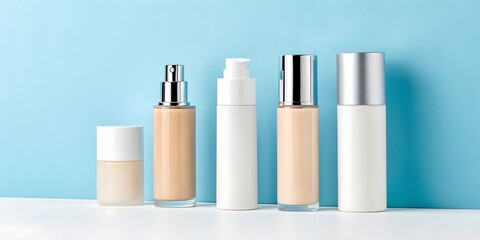 Elegant Foundation and Skincare Bottles Against a Light Blue Background