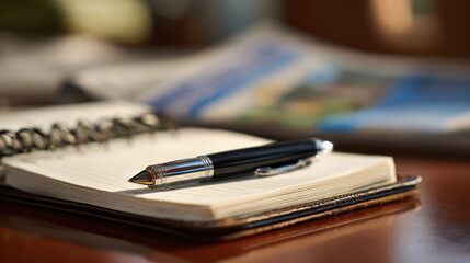 Close-up of journalist's pen and notebook on wooden desk with newspaper clippings, symbolizing press freedom and media reporting in modern society.