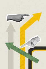 Art image vertical photo collage of business people hands point gesture index fingers arrow pointer...