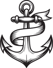 Anchor Silhouette with Ribbon for Nautical Sea Art Design, Perfect for Maritime Decor and Sailor Voyage Illustration