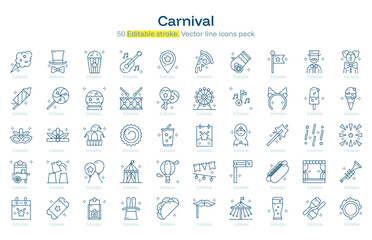 Carnival line icon pack. Carnival Stroke icon set. Editable Stroke icon