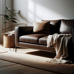 A close up view of a dark brown sofa in front of white wall in a living room 