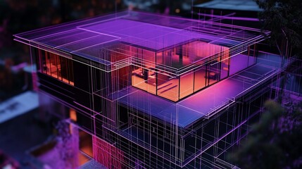 Architectural blueprint of a modern house rendered in wireframe view with purple and orange lighting
