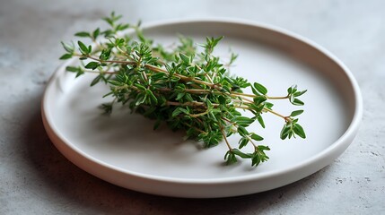 Fresh Thyme Sprigs on a White Plate