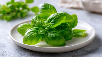 Fresh Basil Leaves on a White Plate