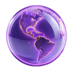 Stunning purple glass globe showing americas night lights detailed map of north and south america continents illuminated with vibrant purple glow digital on transparent background