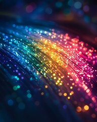 Fiber optic strands emitting rainbow light bursts symbolizing multi-terabit transmission Massive Data Centers and Fiber Optic Infrastructure 5G/6G Networks and Urban Connectivity