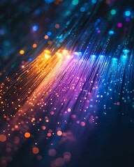 Fiber optic strands emitting rainbow light bursts symbolizing multi-terabit transmission Massive Data Centers and Fiber Optic Infrastructure 5G/6G Networks and Urban Connectivity