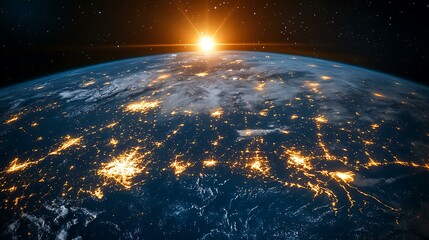 Satellite view of Earth at night with data trails illuminating intercontinental information exchange Massive Data Centers and Fiber Optic Infrastructure 5G/6G Networks and Urban Connectivity