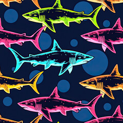 A vibrant seamless pattern of pop art sharks in glowing neon colors like green, pink, and cyan, swimming against a dark background with blue bubbles.
