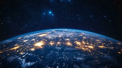 Satellite view of Earth at night with data trails illuminating intercontinental information exchange Massive Data Centers and Fiber Optic Infrastructure 5G/6G Networks and Urban Connectivity