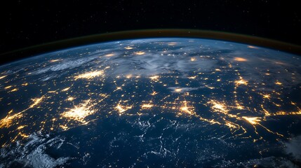 Satellite view of Earth at night with data trails illuminating intercontinental information exchange Massive Data Centers and Fiber Optic Infrastructure 5G/6G Networks and Urban Connectivity