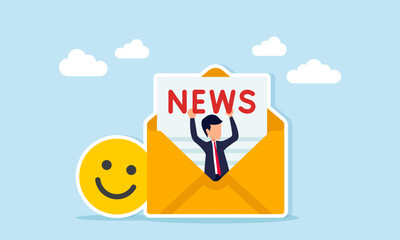 Businessman emerging from envelope near happy emoticon holding NEWS text illustration of news about business progress receiving positive response
