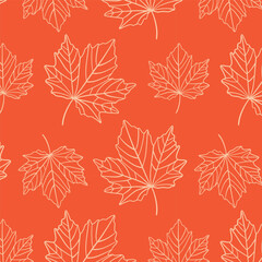 Seamless maple leaf pattern on orange background. Autumn maple leaves arranged in a seamless repeat pattern with a bold orange background, perfect for seasonal design. Fall line art of foliage.