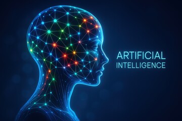 Intelligent Network: Captivating visual showcasing a luminous network interconnected in a head silhouette. A futuristic concept of AI and advanced technology.