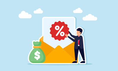 Businessman placing percent or discount icon on document paper inside envelope near money bag illustration of business sales strategy using discount to boost sales