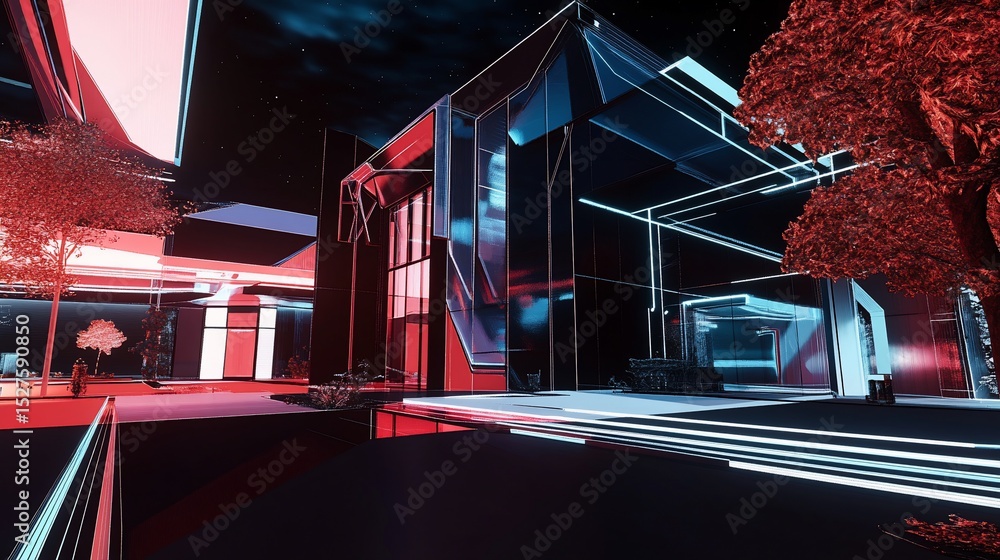 Poster futuristic architecture with neon lights and red trees in the night sky setting, creating a modern v