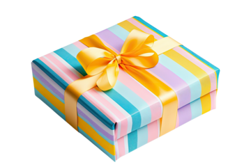 A gift box with striped pastel wrapping paper and a yellow ribbon on a black background isolated object