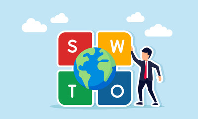 Businessman beside SWOT puzzle with globe illustration of analyzing Strength Weakness Opportunities and Threats related to global business competitors