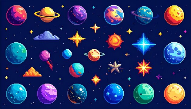 Pixel space background set - planets, stars and nebula clouds in vibrant colors. Retro 8 bit gaming sprites and pixelated cosmic elements. Minimalist aesthetic meshes for nostalgic galaxy game
