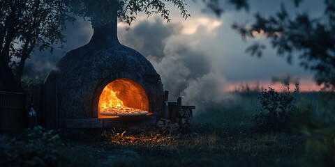 Rustic Outdoor Pizza Oven at Dusk