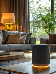 Voice-controlled smart speaker glowing softly on table in minimal modern living room Smart Home and Consumer Devices IoT Infrastructure and Data Ecosystems
