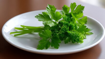 Fresh Parsley Sprig on a White Plate