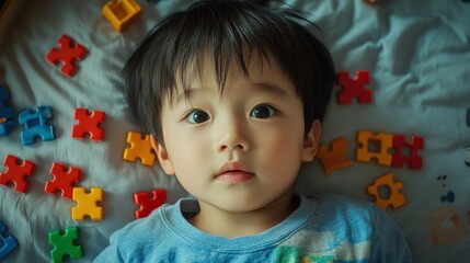 3 years old little cute Asian boy play toy or square block puzzle at home on the bed, kid lying learn by playing block shape or pieces