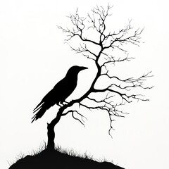 Raven Silhouette on Bare Branch Gothic Art, Nature, Bird Illustration