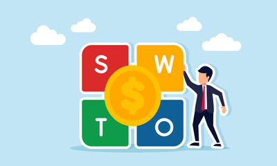 Businessman beside SWOT puzzle with dollar coin illustration of analyzing Strength Weakness Opportunities and Threats related to business financial management