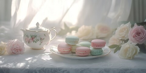 Pastel Macarons and Tea Elegant Afternoon Tea Setting Photography
