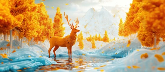 3d illustration of deer and flow. Luxurious abstract art digital painting for wallpaper