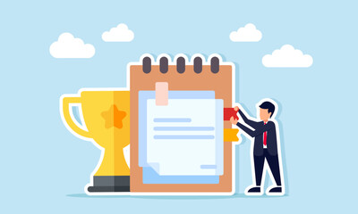 Businessman placing punctuation on notebook near trophy illustration of archive and documentation related to evaluation and performance analysis of leading business company