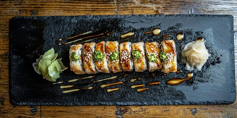 Unagi Sushi Crispy Eel Rolls on a Slate Platter