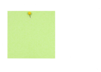 green Sticky Note with yellow Pin, isolated on white background