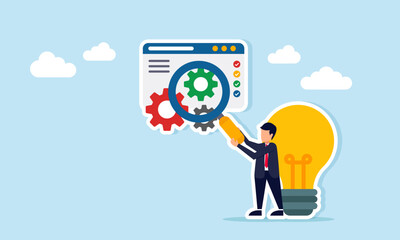 Businessman near lamp holding magnifying glass to observe application interface with gear illustration of business system maintenance or innovation improvement