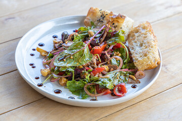 meat salad, bacon, egg, crouton, lettuce, salad dressing vinaigrette  saladcopy space food...