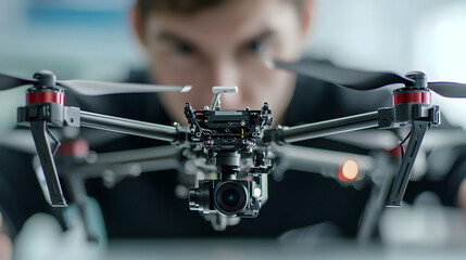 A close-up view of a drone equipped with a camera, showcasing advanced technology and design, with a person focused in the background.