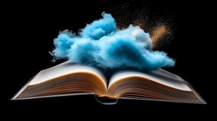 An open book with a cloud emerging from its pages against a black background, symbolizing imagination and knowledge