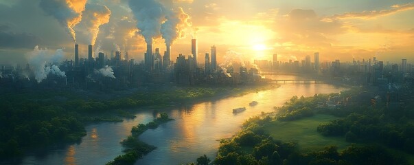 A striking contrast of a bustling urban center with towering skyscrapers and billowing smokestacks alongside lush green fields and a tranquil river