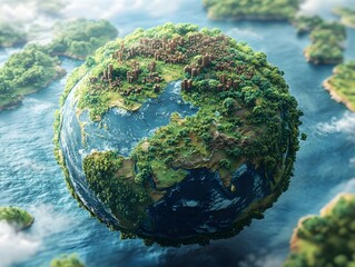 A surreal representation of our planet Earth showcasing a verdant and thriving world filled with diverse ecosystems and sustainable resources