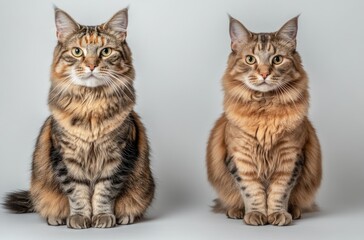Obraz premium Two Maine Coon cats, side-by-side, seated, against a plain background. One is brown-gray-and-orange, the other is a reddish-tan. Both have thick, fluffy coats