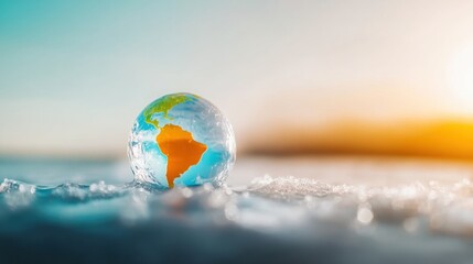 Obraz premium Colorful globe resting on snow with sunset in the background