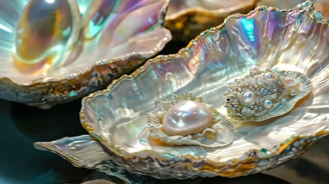 Close-up of open oyster shells displaying lustrous pearls. The shells have iridescent colors and intricate textures, highlighting marine beauty and natural treasures. Generative 4k video.
