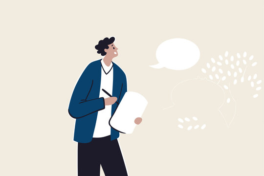 Note taking or minutes of meeting, conclusion or summary, education lecture or write important information concept, confidence businessman taking note in the meeting while listen to others information