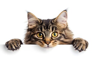 Fototapeta premium fluffy kitten peeking over a horizontal blank banner, white background, studio lighting for advertisement layout 